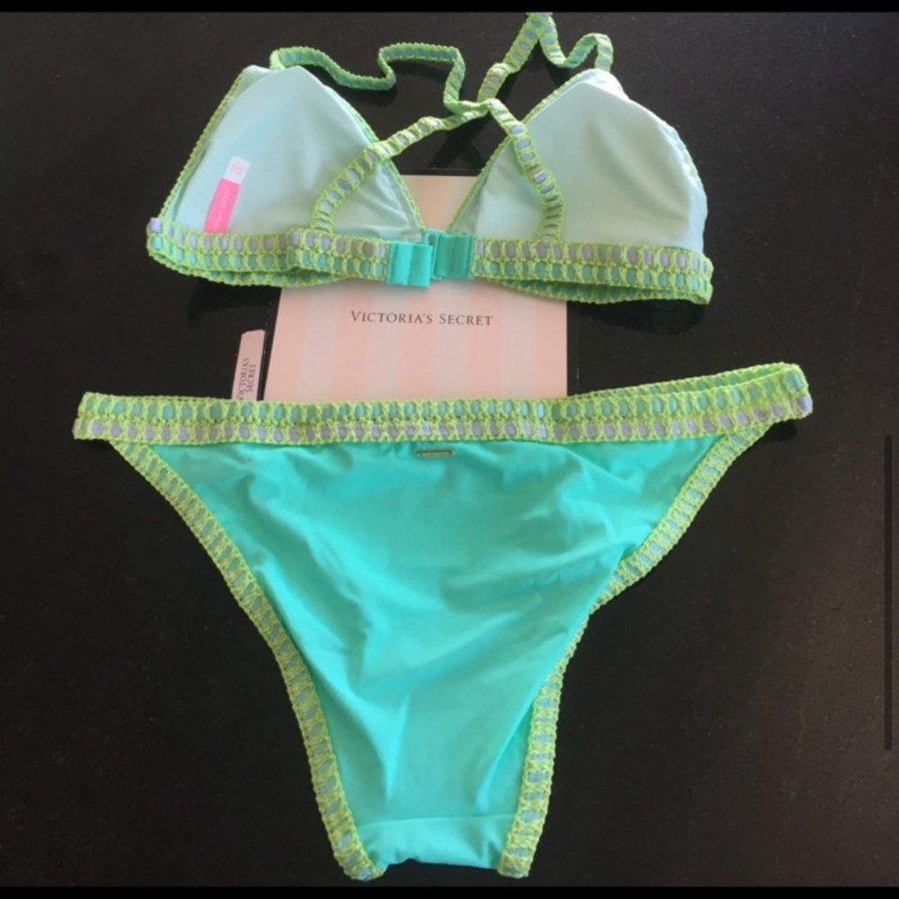 Victoria’s Secret 2 pice crocheted bikini set, seafoam with olive trim - Picture 2 of 3